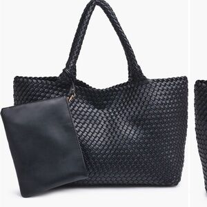 Elegant Black Woven Tote Bag with Pouch